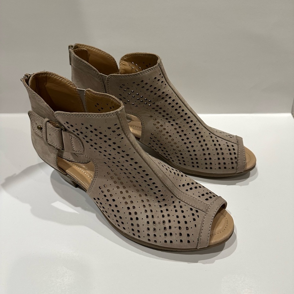 Earth Nubuck Perforated Peep-Toe Booties
